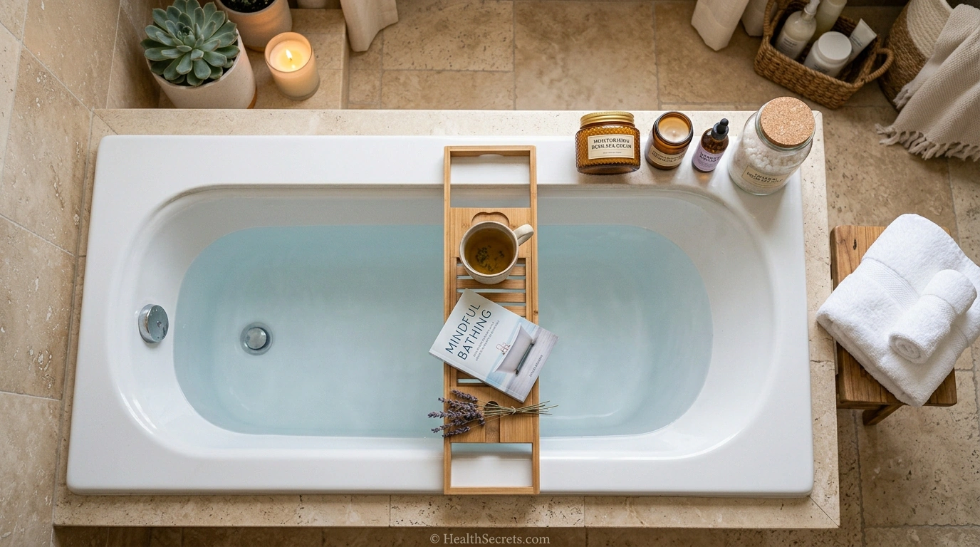 Dead Sea salt bath preparation for psoriasis treatment showing mineral salt crystals and therapeutic soaking setup