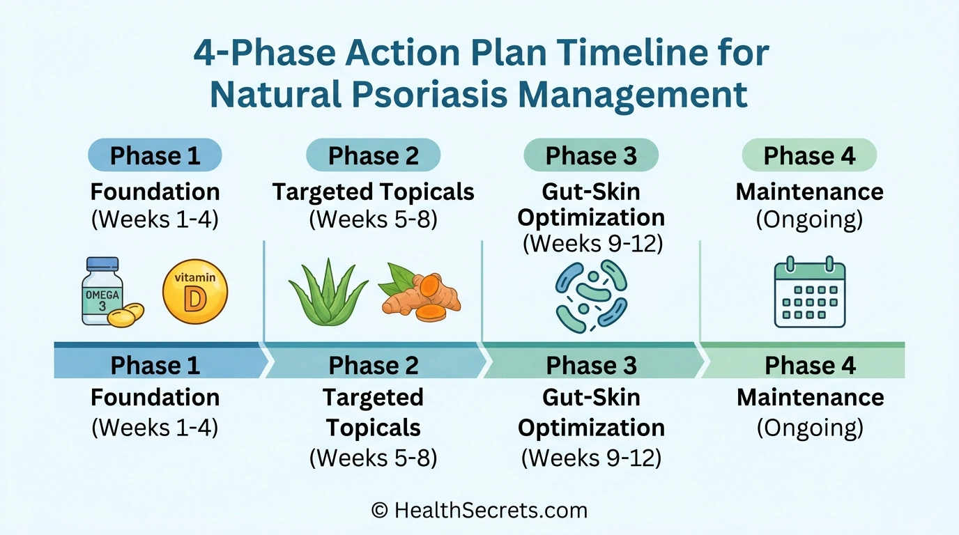Four-phase action plan infographic for implementing natural psoriasis management over 12 weeks