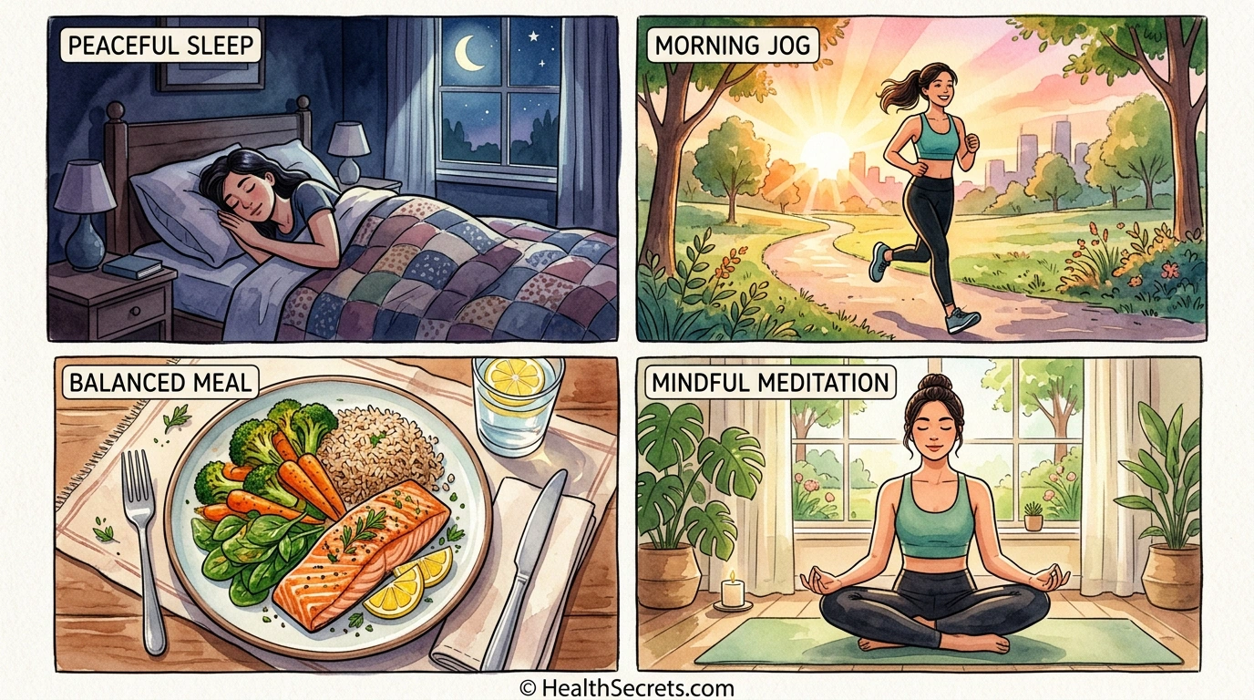 Four lifestyle modifications for natural energy: quality sleep, morning exercise, balanced nutrition, and stress management