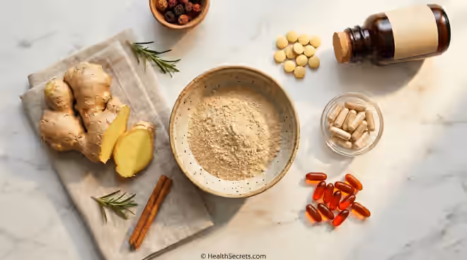 Natural remedies for fatigue including rhodiola rosea, ashwagandha, CoQ10, and B vitamin supplements arranged on a marble surface