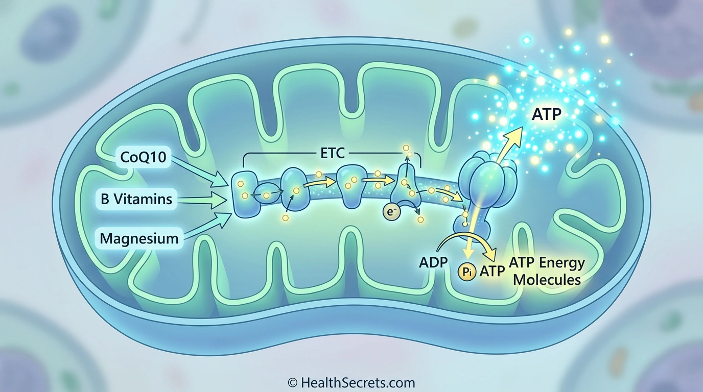 Illustration of mitochondrial energy production showing how CoQ10 B vitamins and magnesium support ATP synthesis