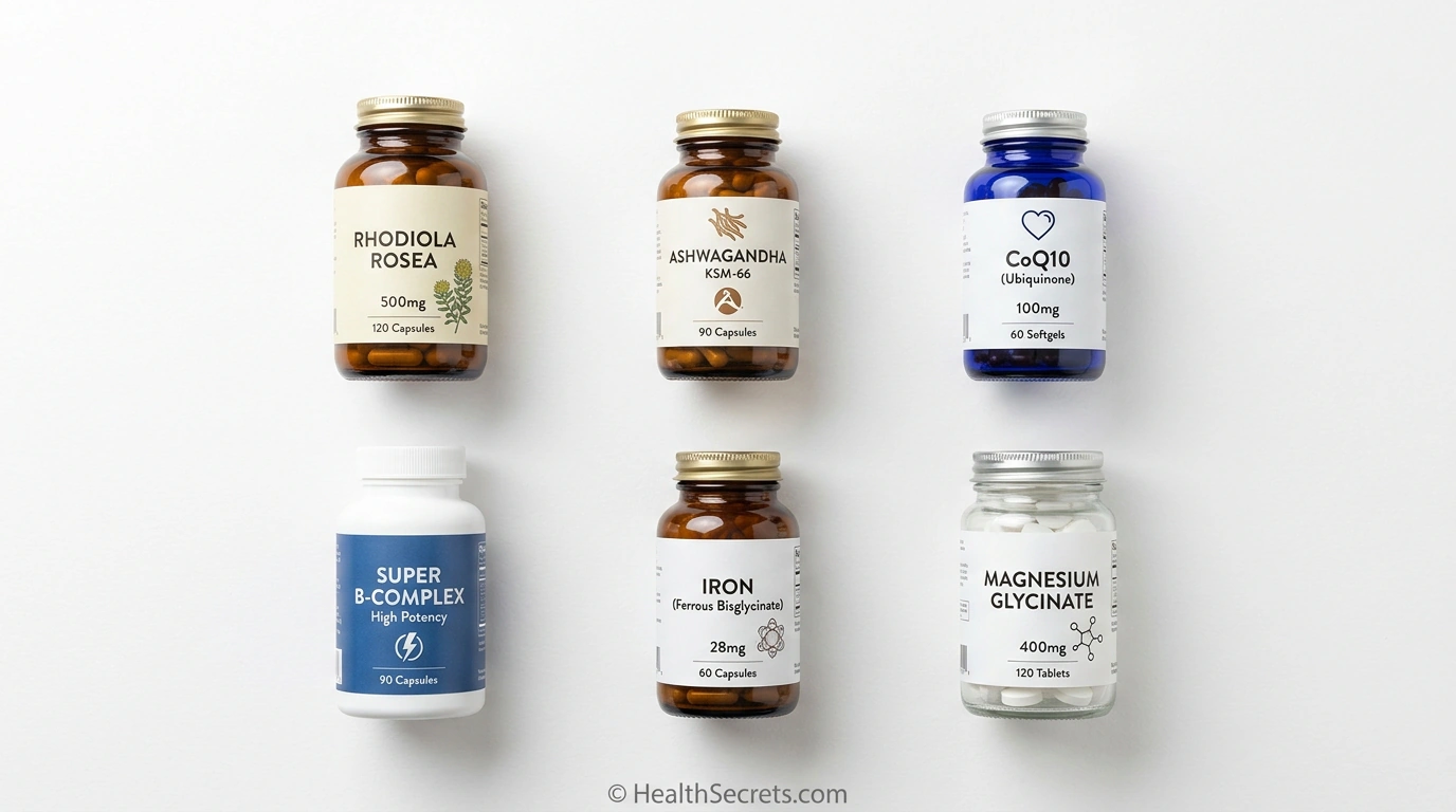 Six recommended natural fatigue supplements including rhodiola ashwagandha CoQ10 B-complex iron and magnesium