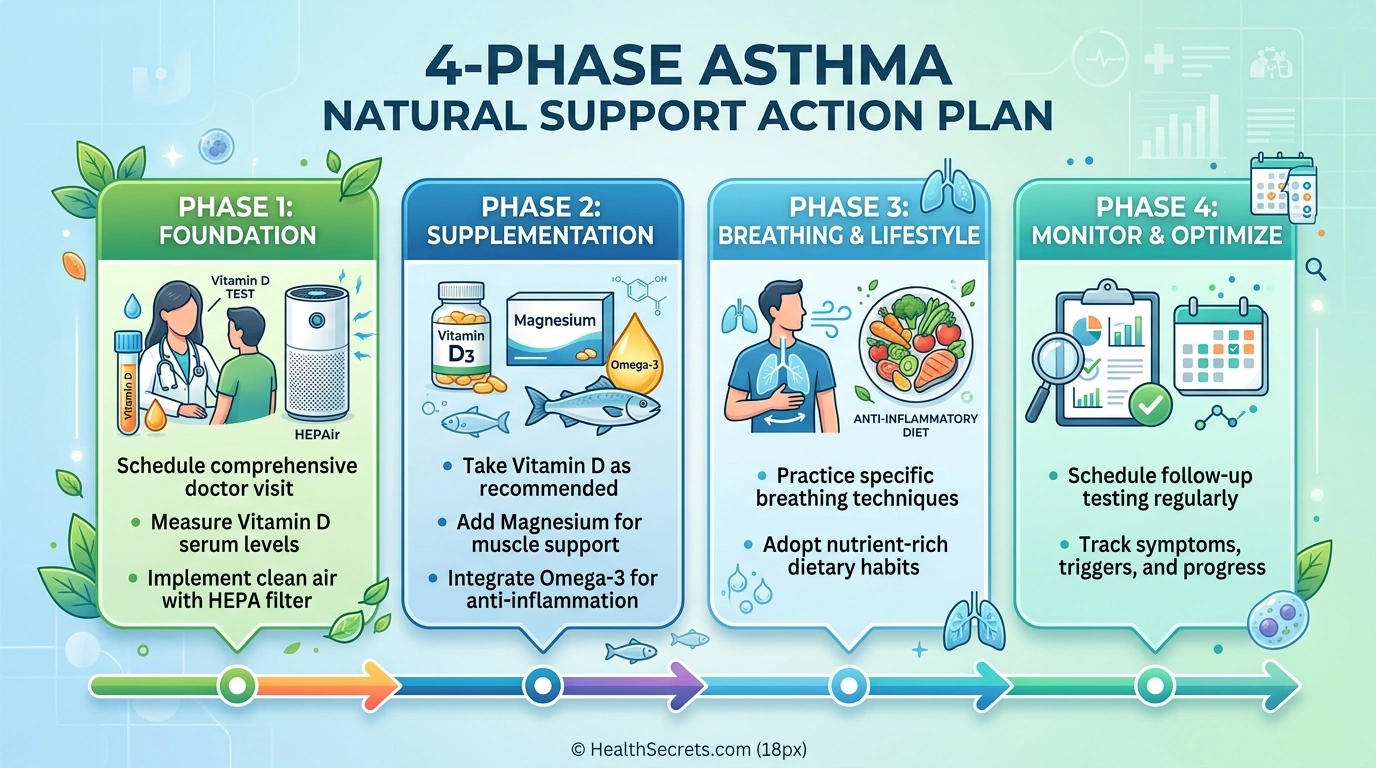 Four-phase action plan infographic for implementing natural asthma management strategies