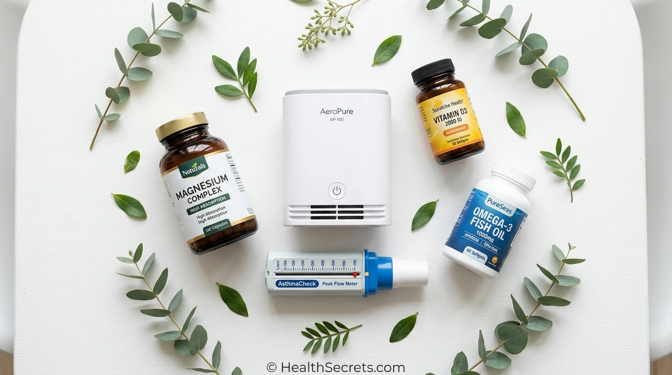 Recommended products for natural asthma support including supplements and monitoring tools