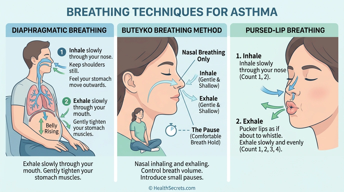 Illustrated guide to three breathing exercises for asthma management including diaphragmatic Buteyko and pursed-lip techniques