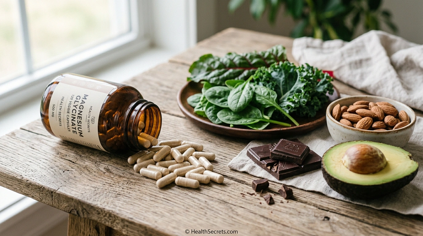 Magnesium glycinate supplement capsules with magnesium-rich foods for asthma support