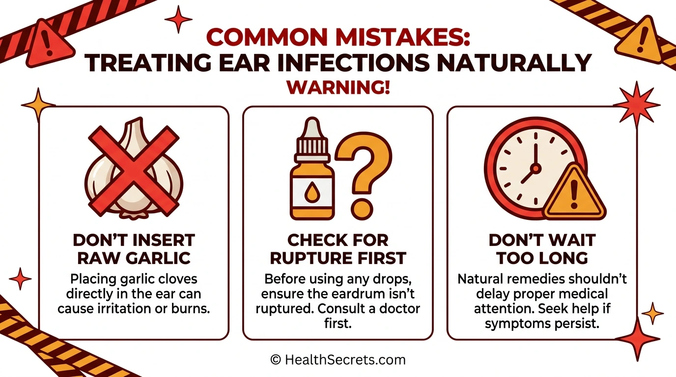 Warning graphic showing common mistakes to avoid when treating ear infections with natural remedies