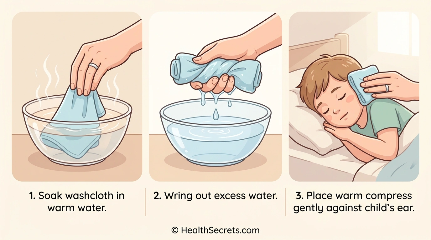 Step-by-step guide showing how to apply a warm compress for ear infection pain relief
