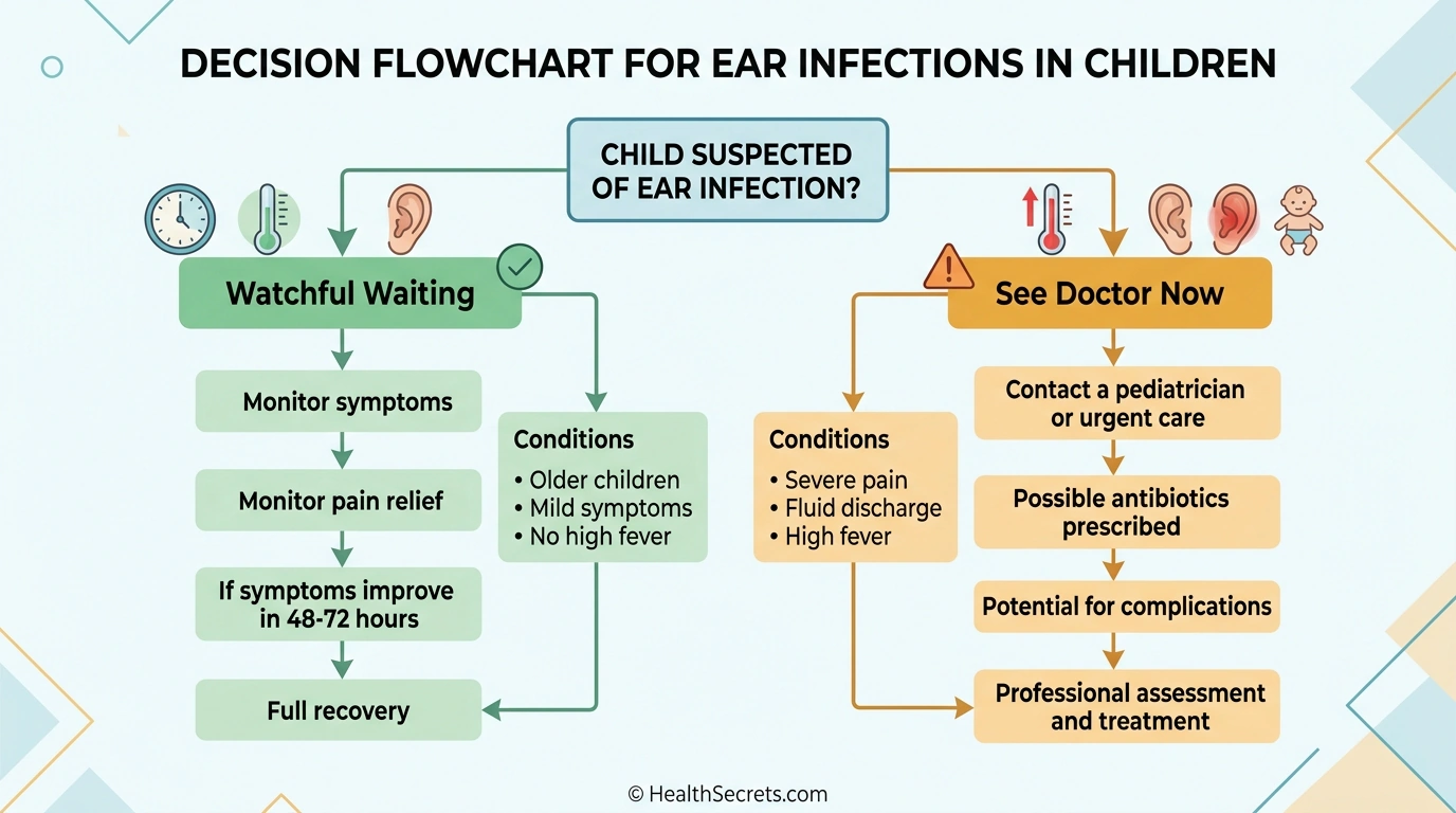 Infographic showing when to use watchful waiting versus seeking immediate medical care for ear infections