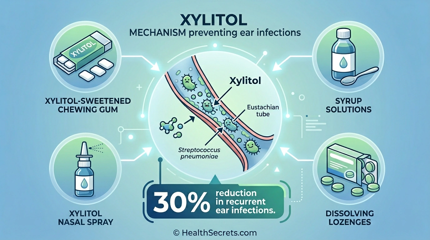 Infographic explaining how xylitol prevents ear infections by blocking bacterial adhesion