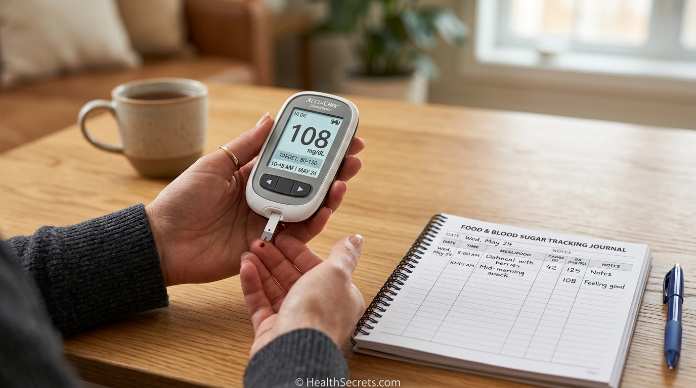 Person monitoring blood glucose with a glucometer and tracking journal