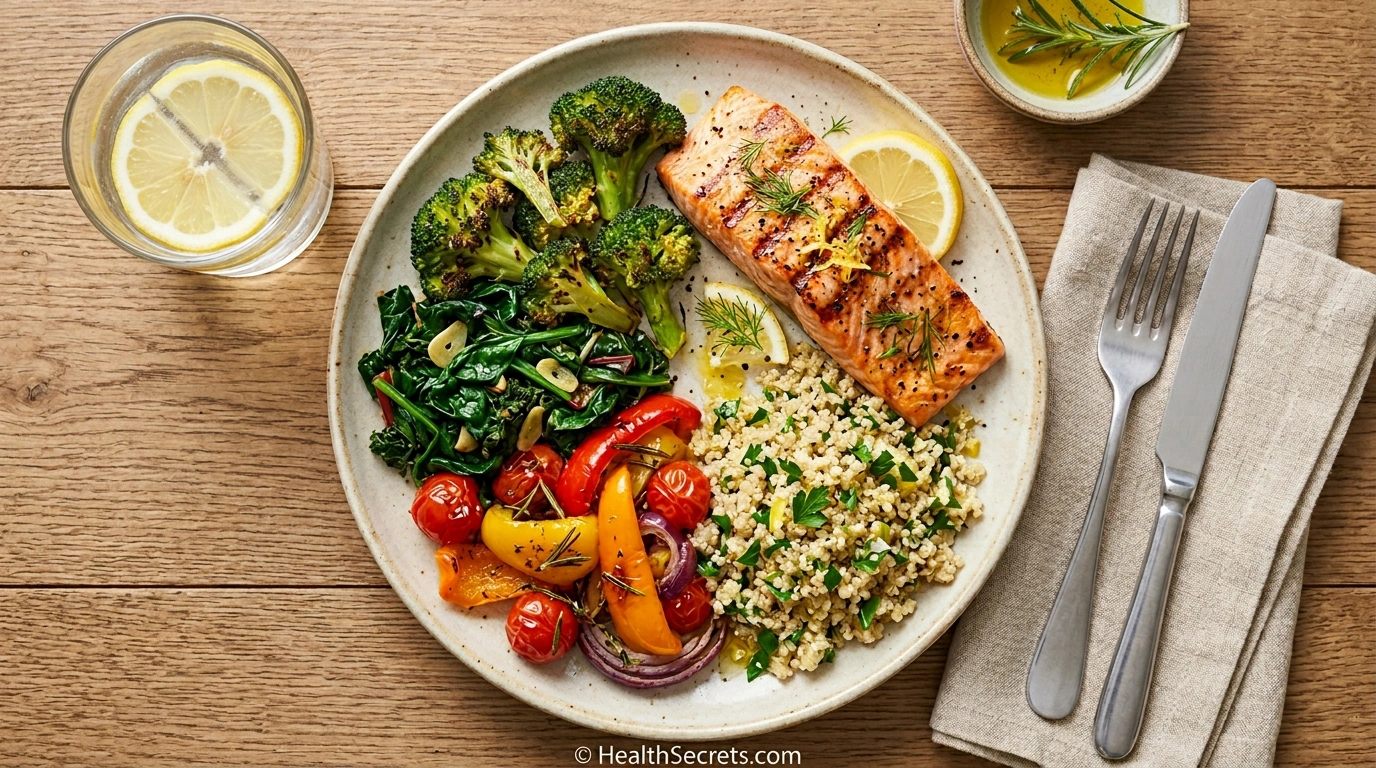 Blood sugar friendly meal plate showing ideal portion ratios of vegetables protein and whole grains