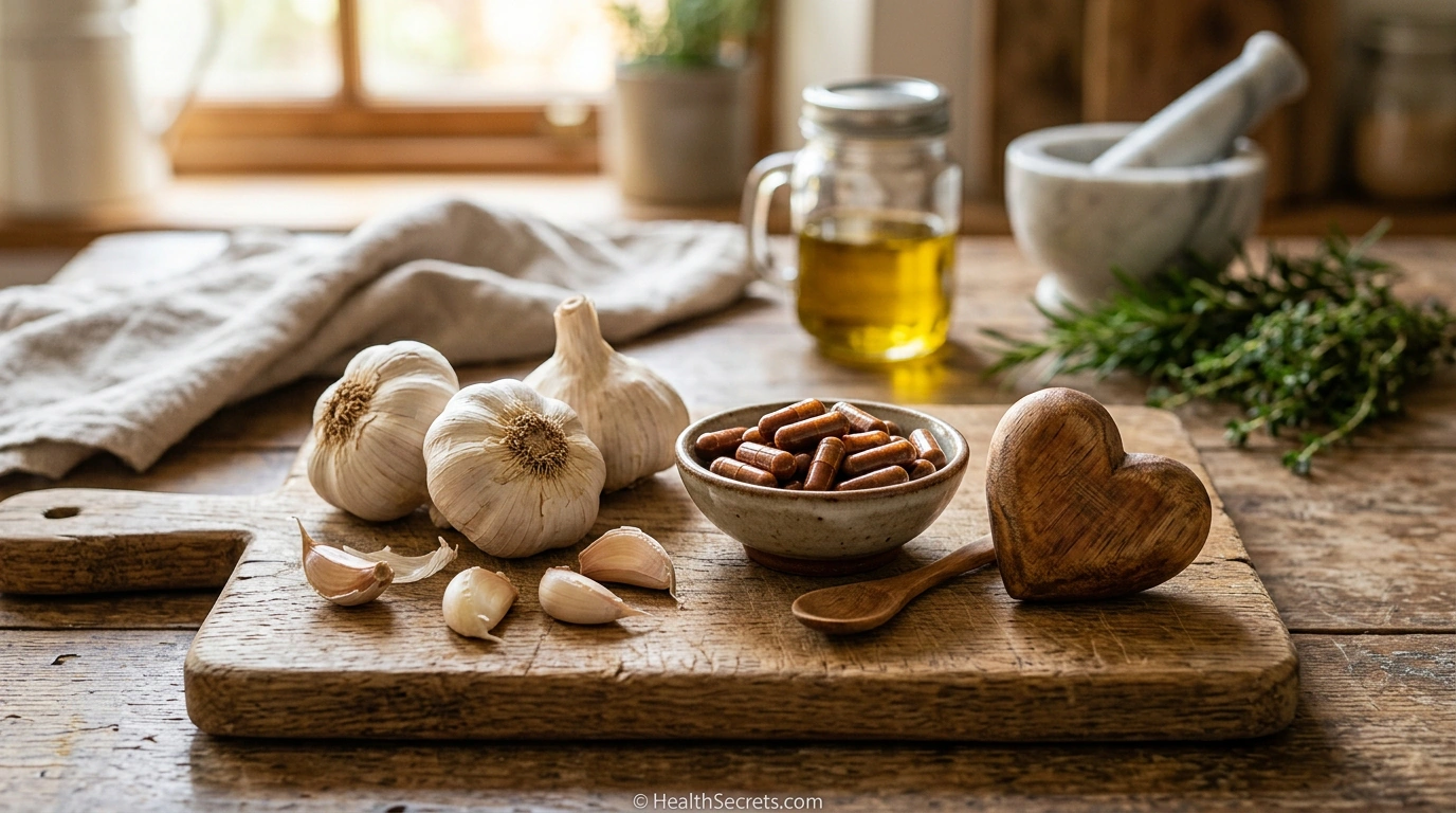 Aged garlic extract capsules and fresh garlic bulbs for natural blood pressure and heart health support