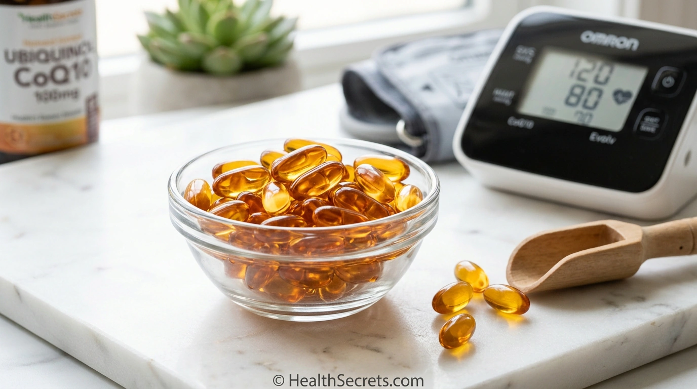CoQ10 ubiquinol softgel capsules for blood pressure support with home blood pressure monitor