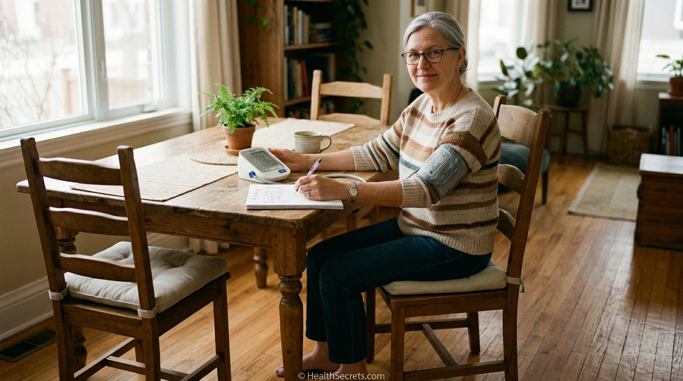 Proper home blood pressure monitoring technique with arm at heart level and digital monitor