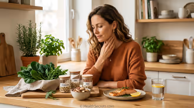 Natural remedies for hypothyroidism including selenium supplements, zinc, and thyroid-supporting foods arranged on a kitchen counter