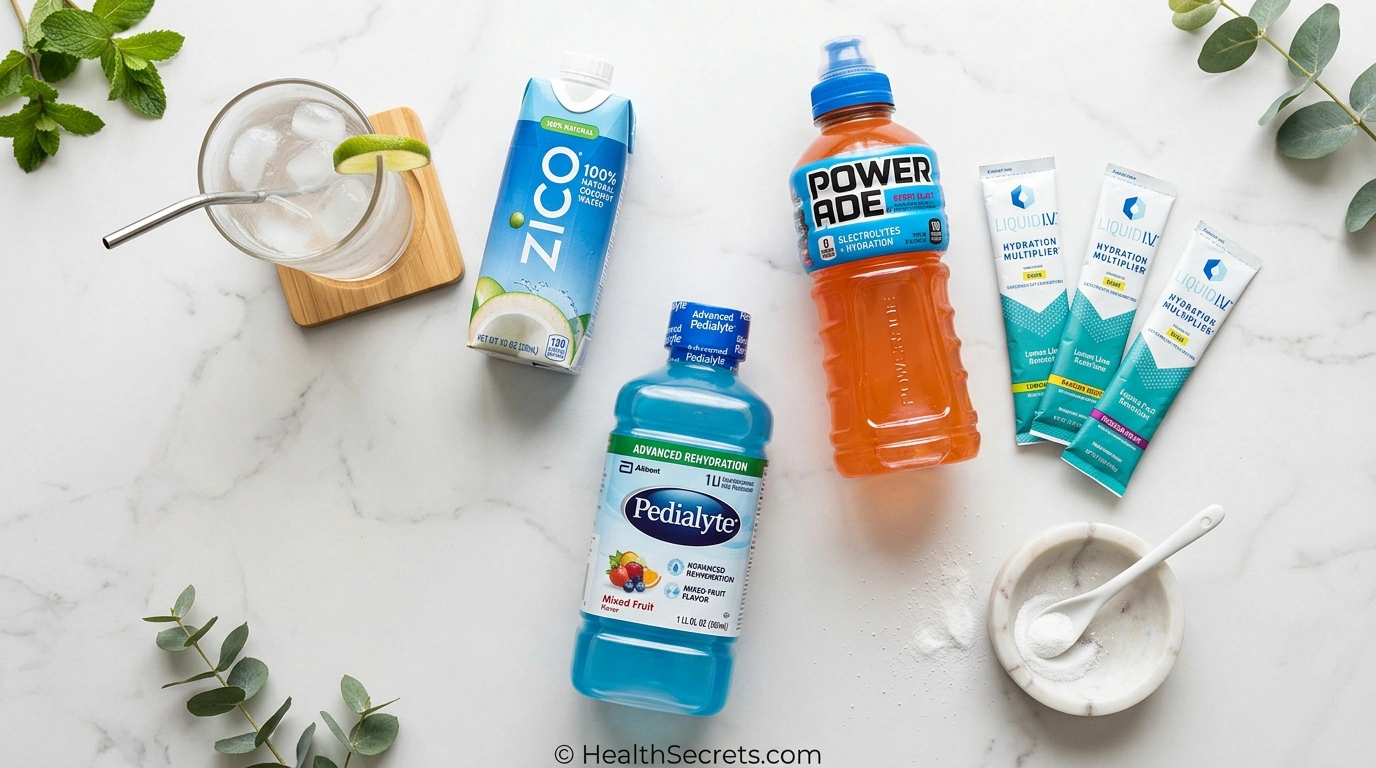 Electrolyte rehydration options for hangover recovery including coconut water, electrolyte powder, and sports drinks