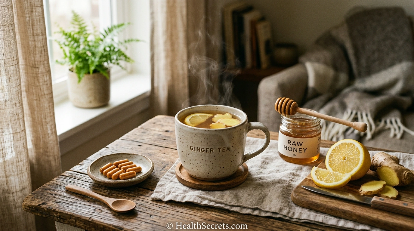 Fresh ginger tea with honey and lemon alongside ginger capsules for natural hangover nausea relief