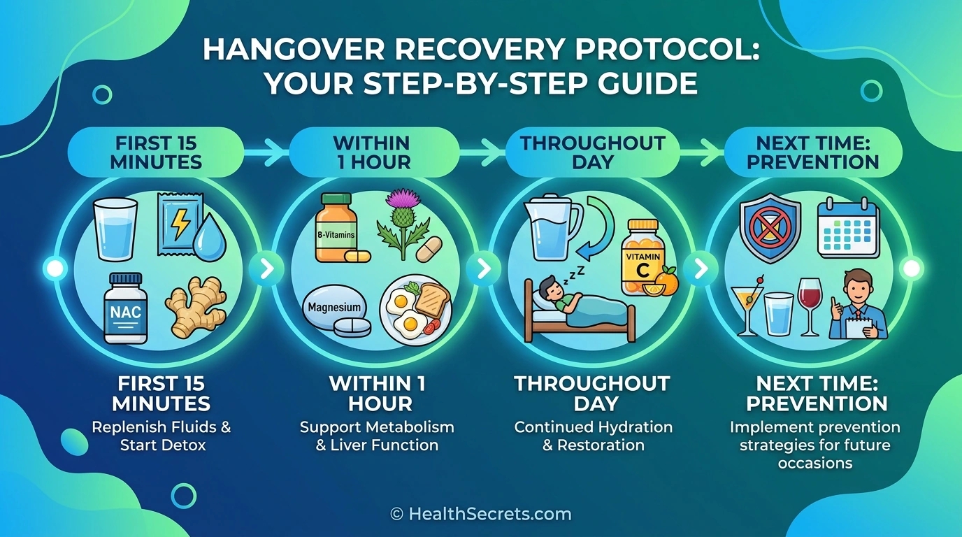 Timeline infographic showing phased hangover recovery protocol from immediate rehydration to full-day recovery steps