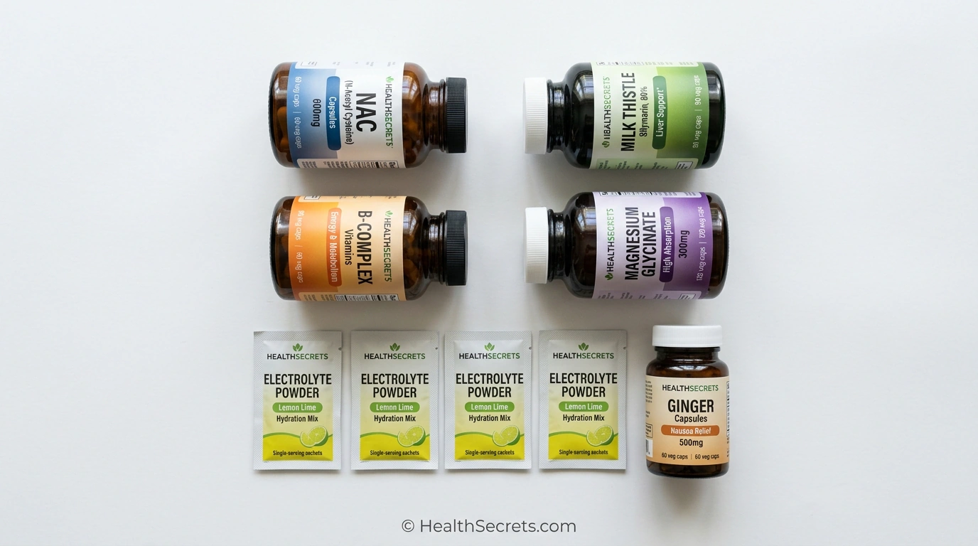 Flatlay of recommended hangover recovery supplements including NAC, milk thistle, B-complex, magnesium, electrolytes, and ginger