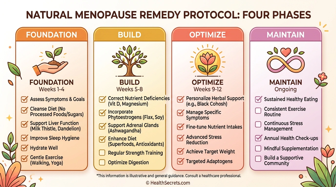 Four-phase action plan checklist for natural menopause symptom relief protocol