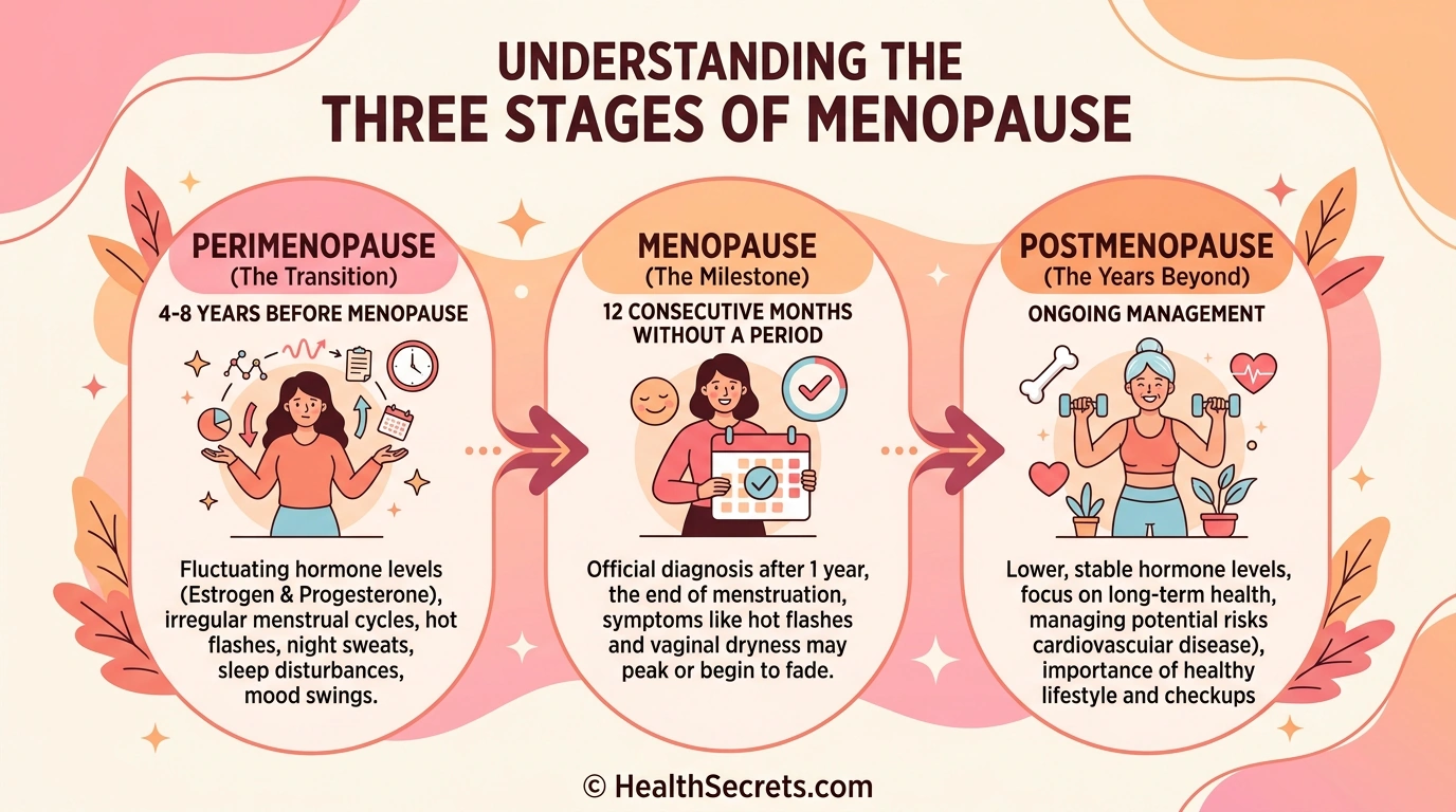 Infographic showing perimenopause menopause and postmenopause stages timeline