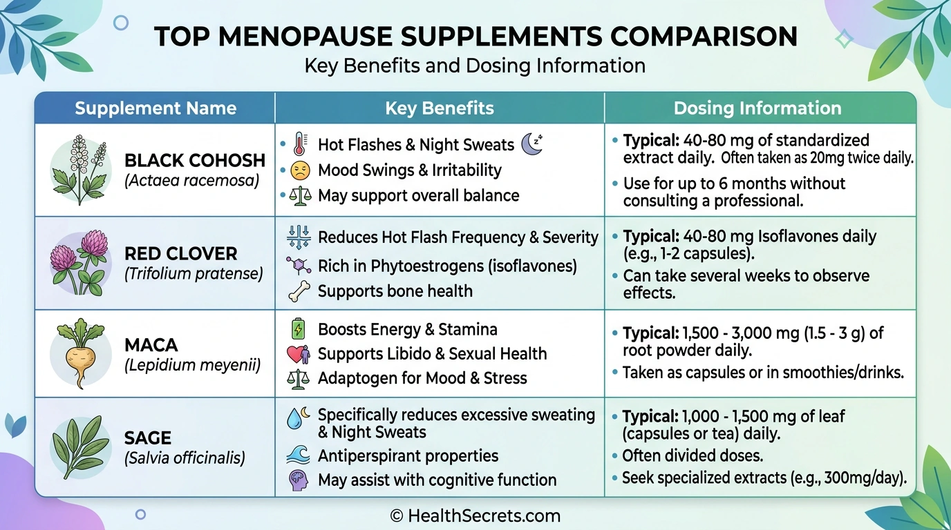 Comparison of top natural menopause supplements black cohosh red clover maca sage