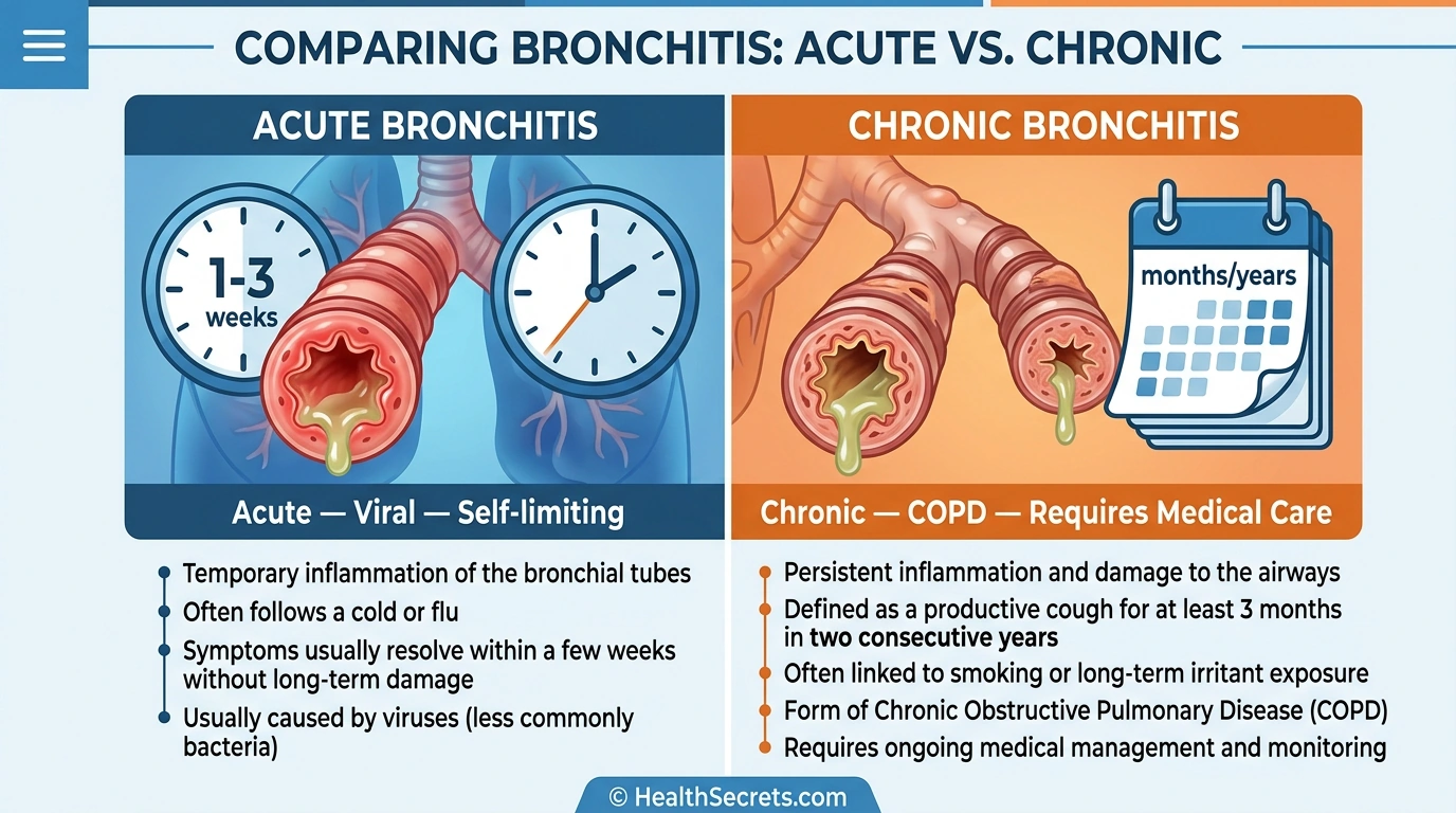 Infographic comparing acute bronchitis versus chronic bronchitis showing duration, causes, and treatment differences
