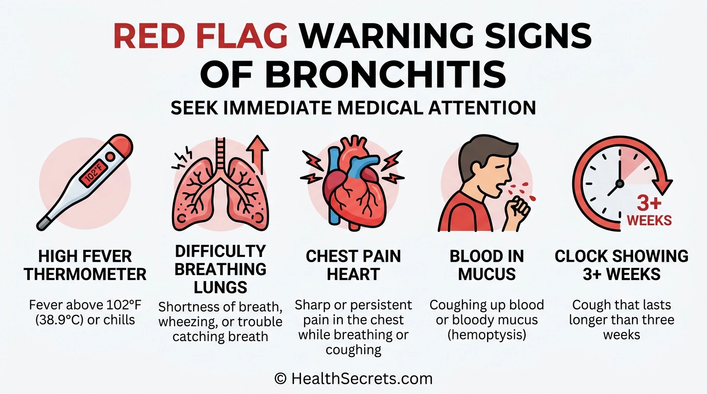 Warning signs infographic showing when to see a doctor during bronchitis including fever, breathing difficulty, and chest pain