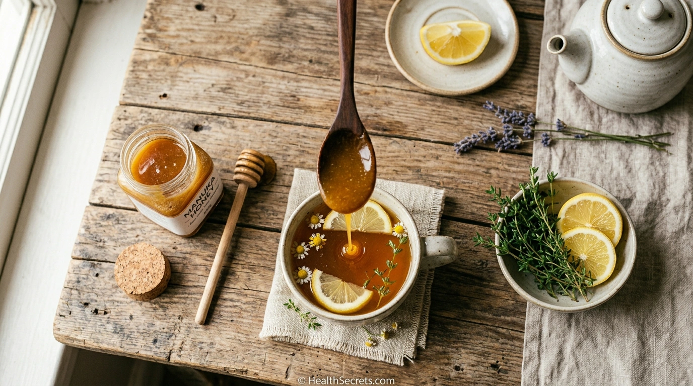 Raw manuka honey being added to warm herbal tea as a natural bronchitis cough remedy