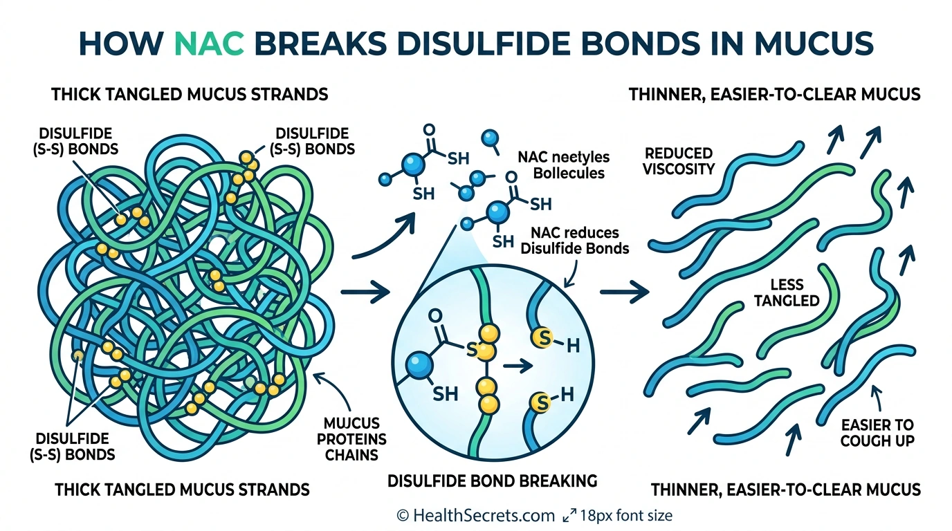 Illustration of how NAC breaks down thick bronchitis mucus by breaking disulfide bonds in mucus proteins