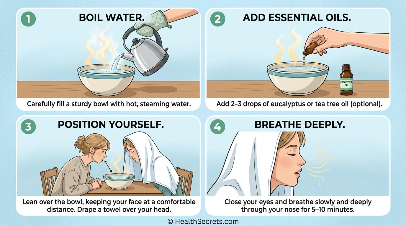 Step-by-step guide showing safe steam inhalation technique for bronchitis congestion relief
