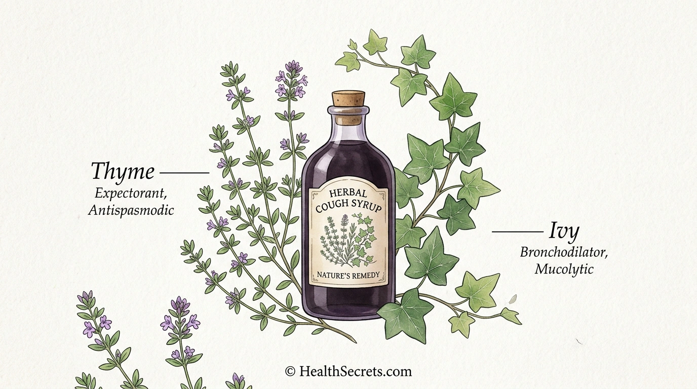 Botanical illustration of thyme and ivy leaf herbs used in natural bronchitis cough syrup treatment