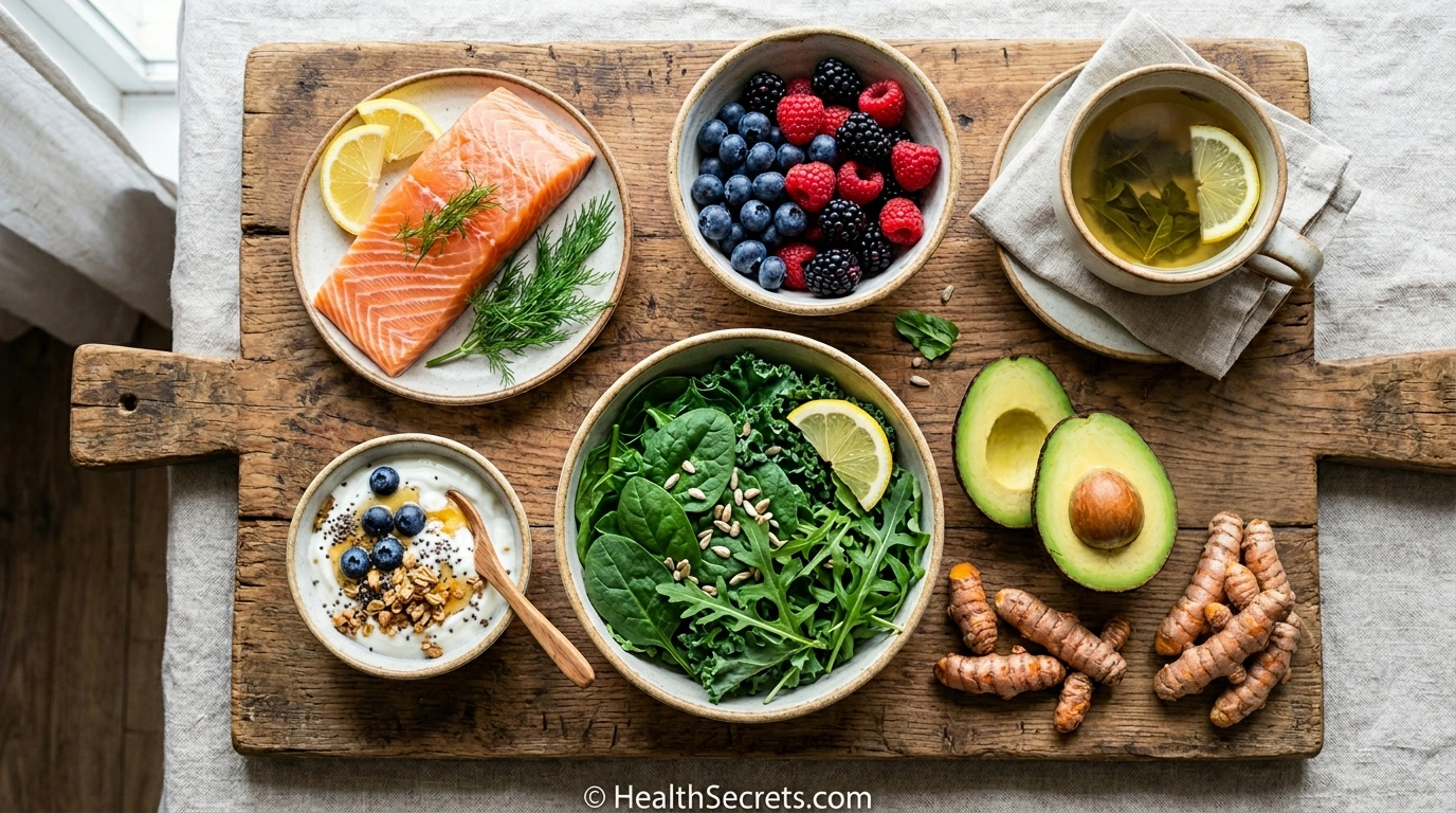 Anti-inflammatory foods for rosacea including salmon berries leafy greens green tea turmeric and probiotic yogurt