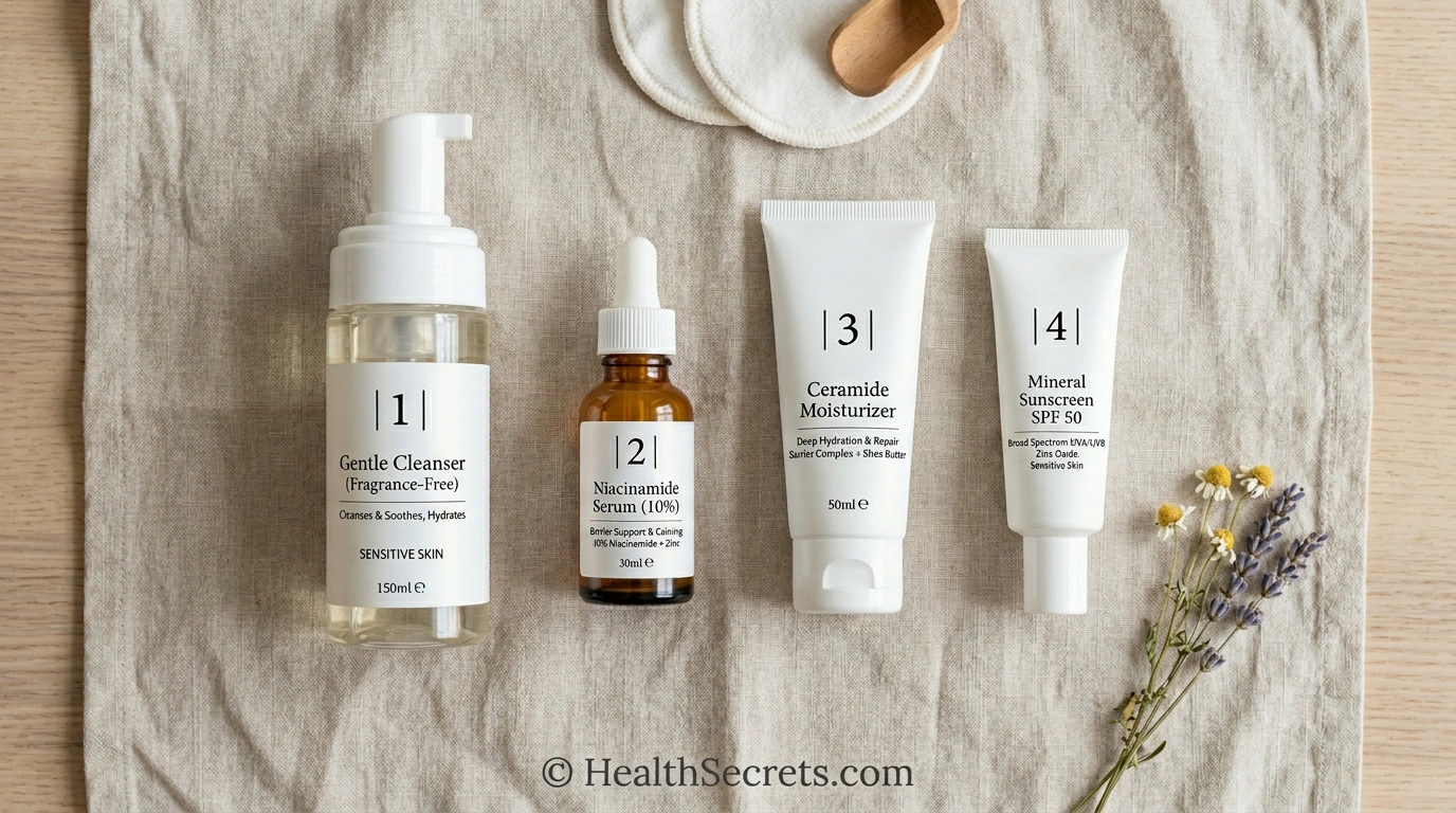 Gentle rosacea skincare routine with fragrance-free cleanser niacinamide serum ceramide moisturizer and mineral sunscreen