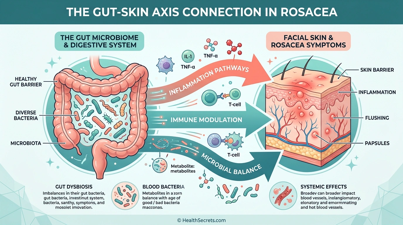 Gut-skin axis connection in rosacea showing how gut microbiome affects facial skin inflammation