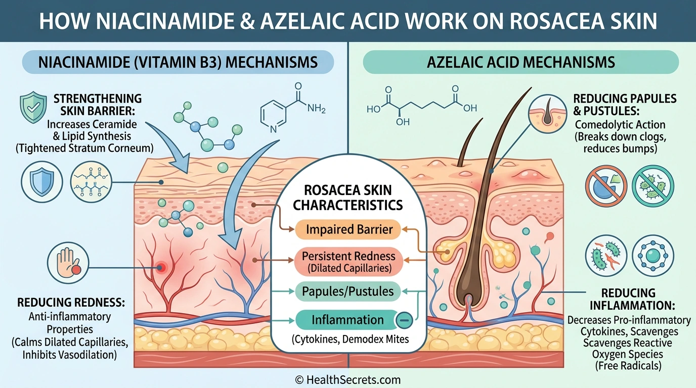 How niacinamide and azelaic acid work on rosacea skin infographic showing barrier repair and inflammation reduction