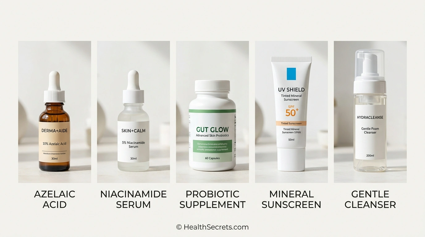 Best natural products for rosacea comparison including azelaic acid niacinamide probiotic sunscreen and cleanser
