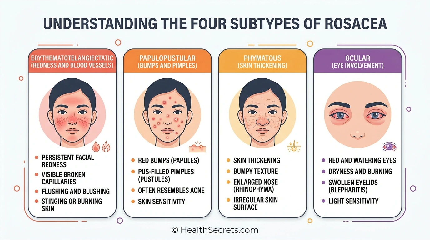 Four rosacea subtypes infographic showing erythematotelangiectatic papulopustular phymatous and ocular types