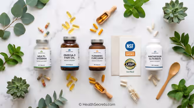 Evidence-based supplements guide showing quality-tested vitamins and minerals arranged on a clean surface