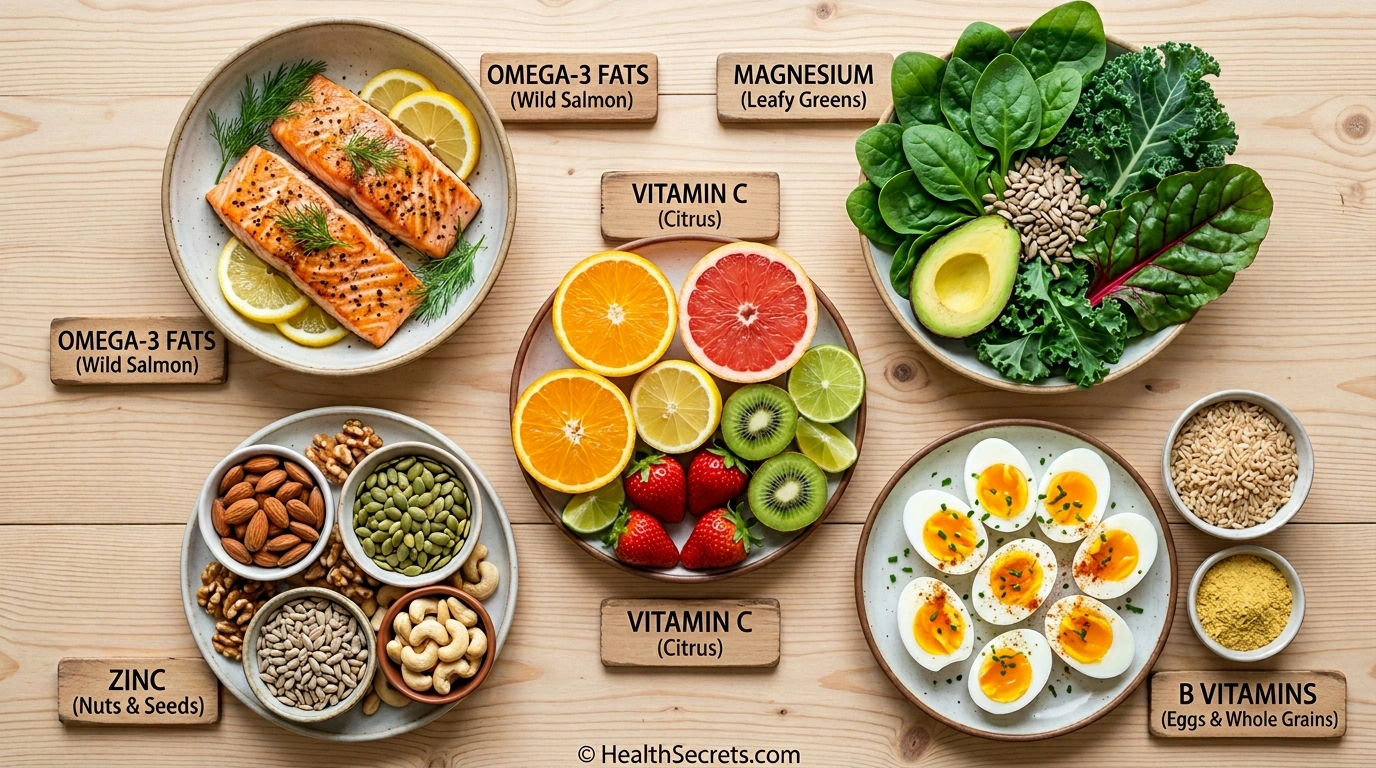 Nutrient-dense whole foods including wild salmon, leafy greens, nuts, seeds, and colorful vegetables arranged to show natural vitamin and mineral sources