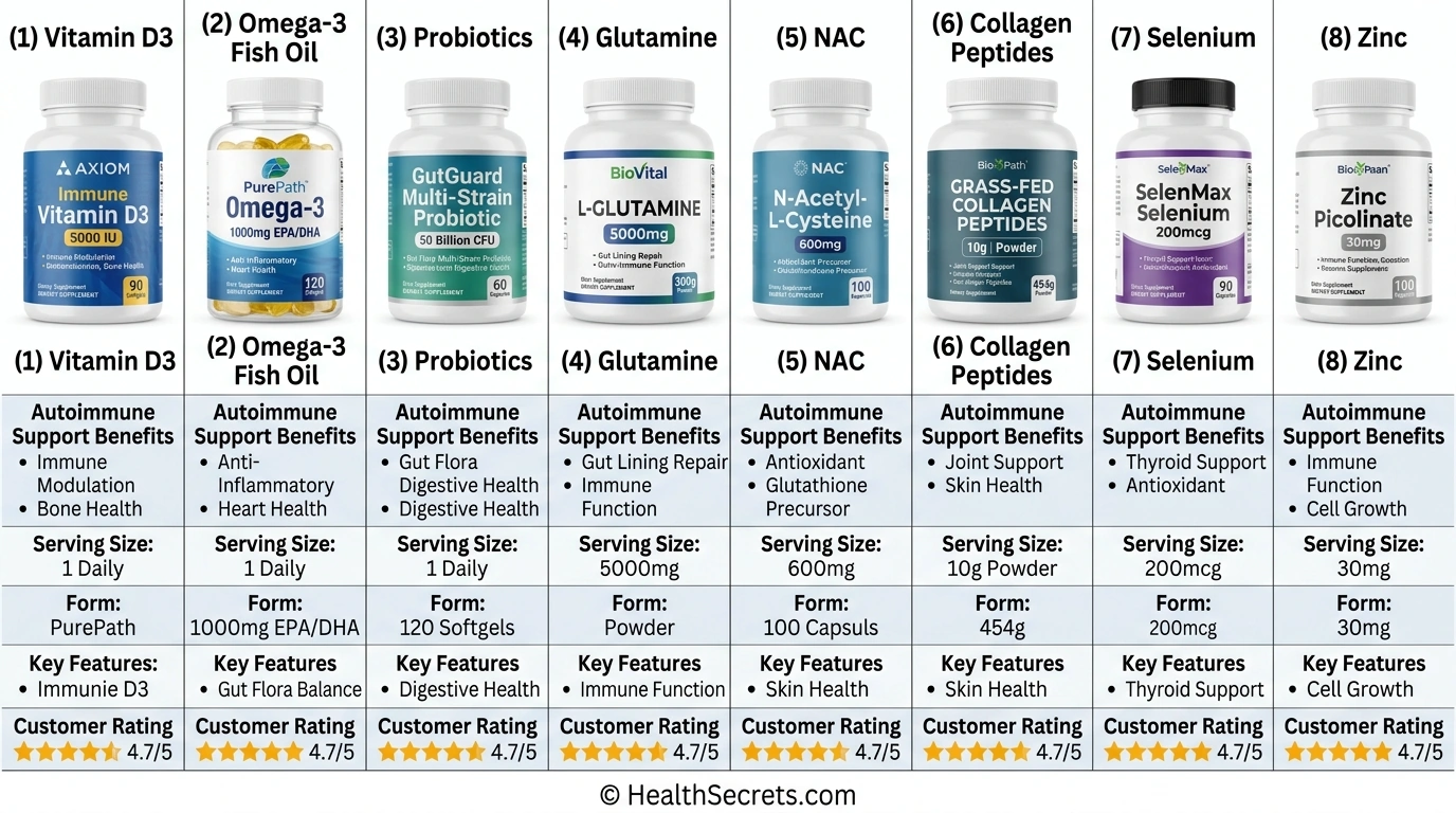 Evidence-based supplement stack diagram displaying vitamin D3, magnesium, omega-3, probiotics, and B-complex with recommended doses and optimal timing