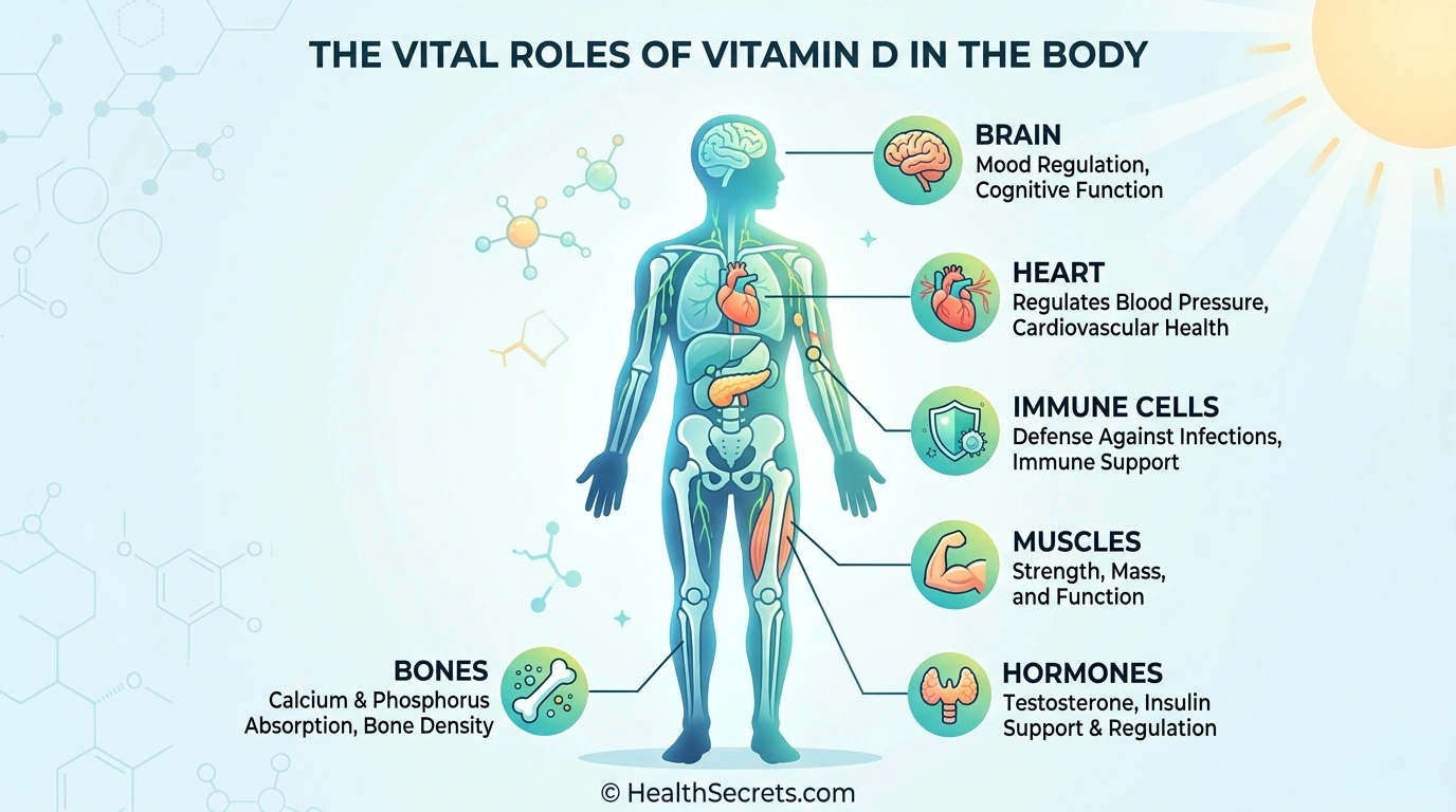 Vitamin D health benefits across body systems including bones immune system brain heart and muscles