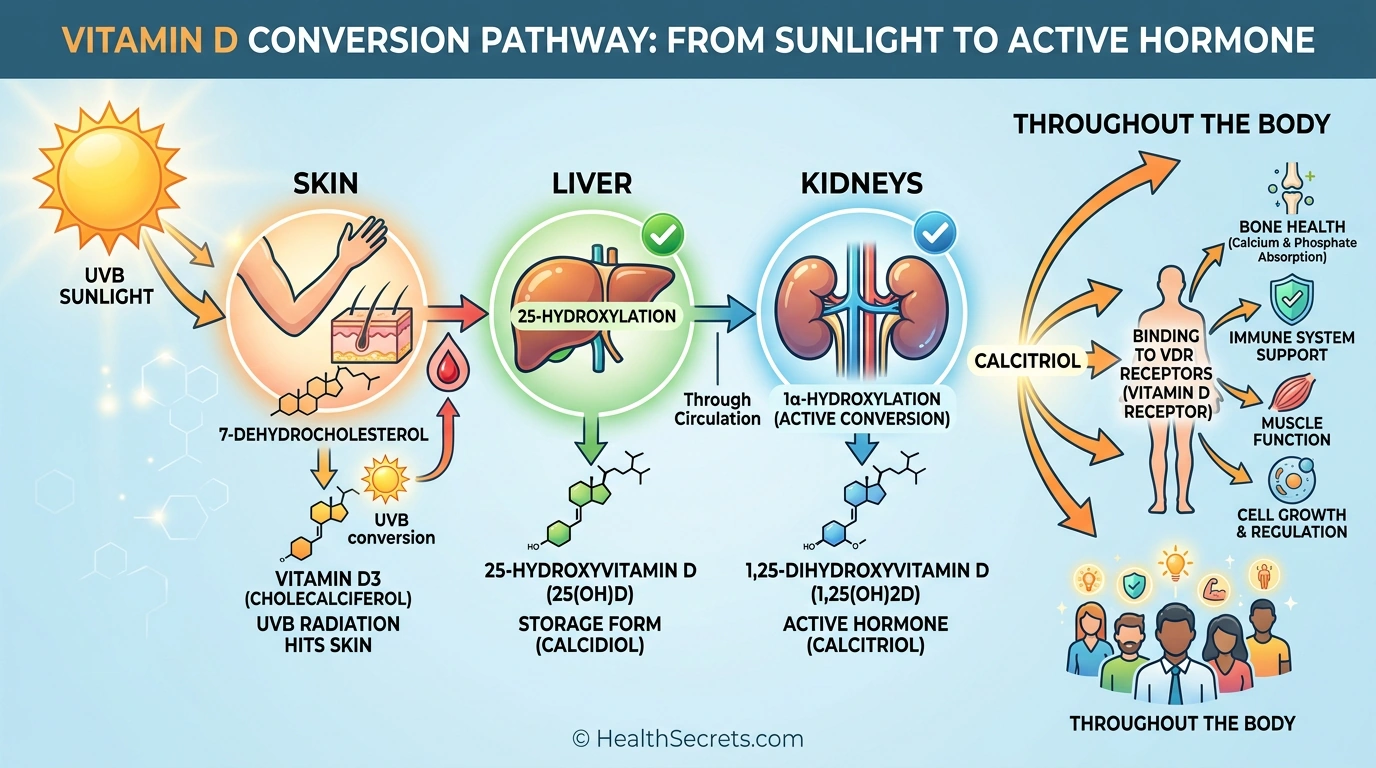 Vitamin D metabolism pathway from sun exposure through liver and kidney conversion to active calcitriol hormone