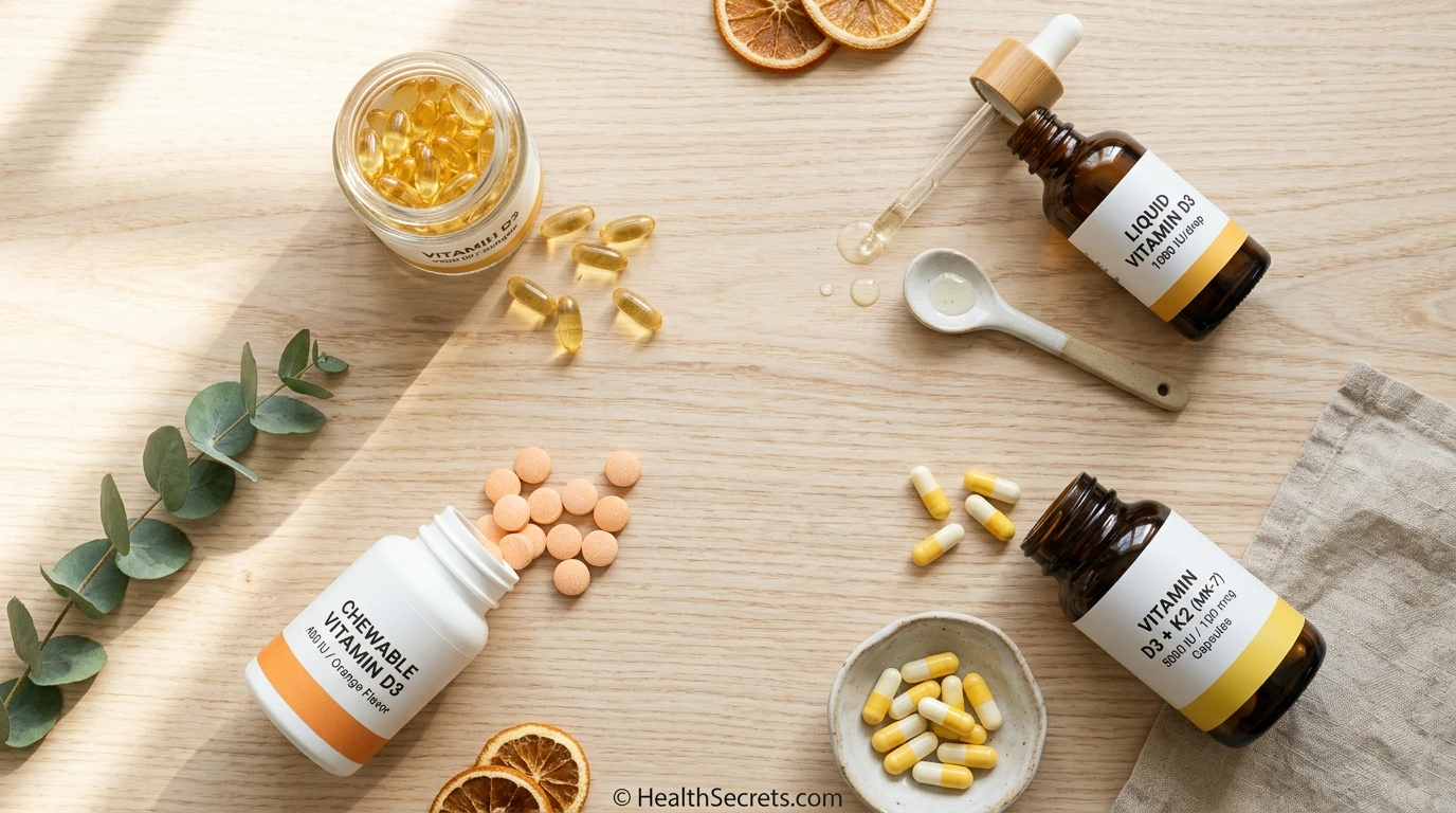 Various vitamin D supplement forms including softgels liquid drops and D3 K2 combination capsules