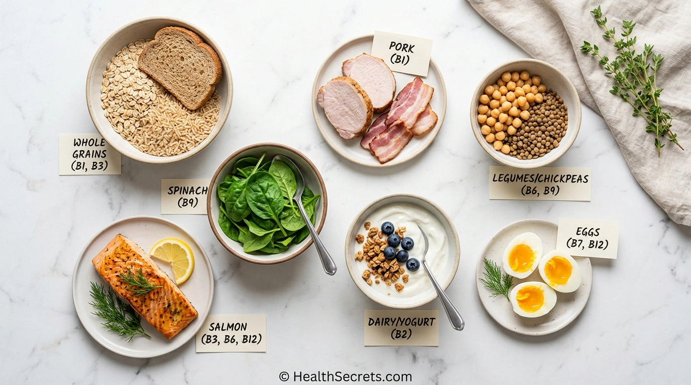 Top B vitamin food sources including eggs, salmon, spinach, legumes, whole grains, and dairy with labels showing which B vitamins each provides