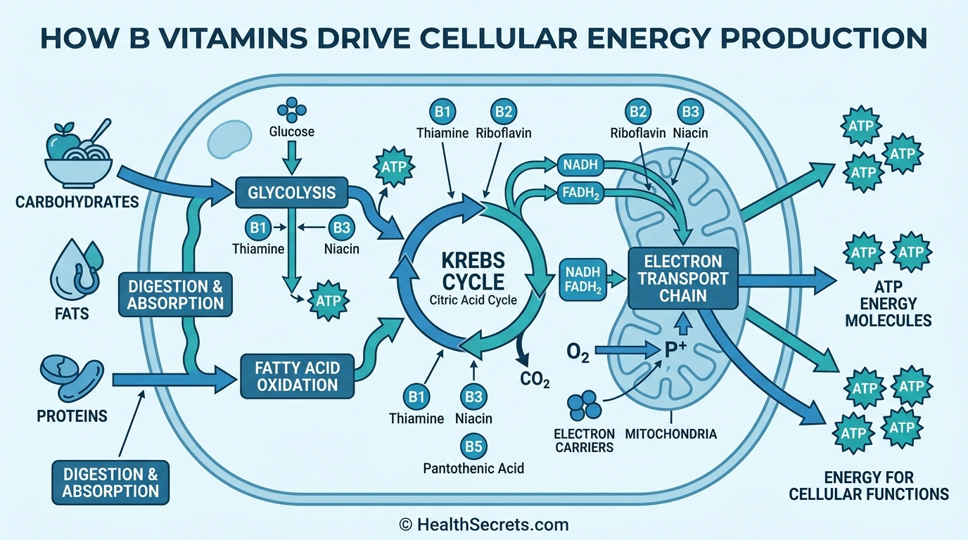 Diagram showing how B vitamins convert food into ATP energy through glycolysis, the Krebs cycle, and electron transport chain