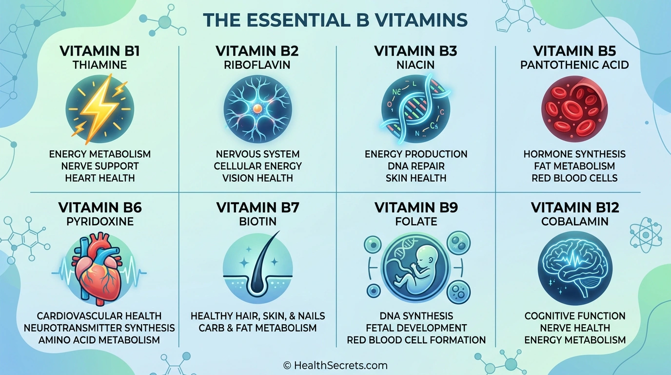 Infographic showing all eight essential B vitamins with icons representing their primary functions in energy, nervous system, DNA synthesis, and blood cell formation