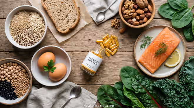 B vitamin-rich foods including eggs, salmon, spinach, legumes, and whole grains with B complex supplement capsules