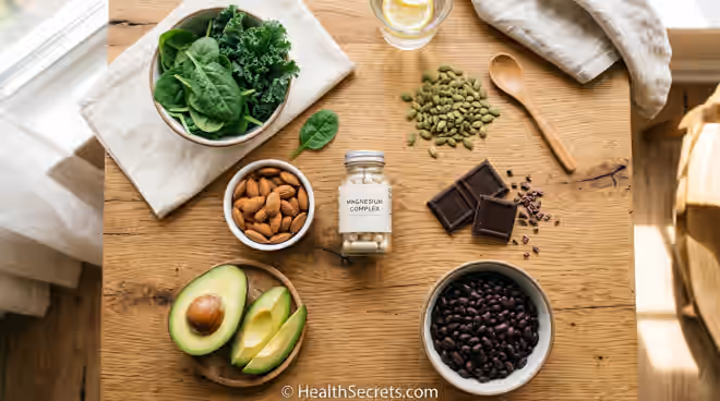 Magnesium-rich foods including spinach, pumpkin seeds, almonds, dark chocolate, and avocado alongside magnesium supplement capsules